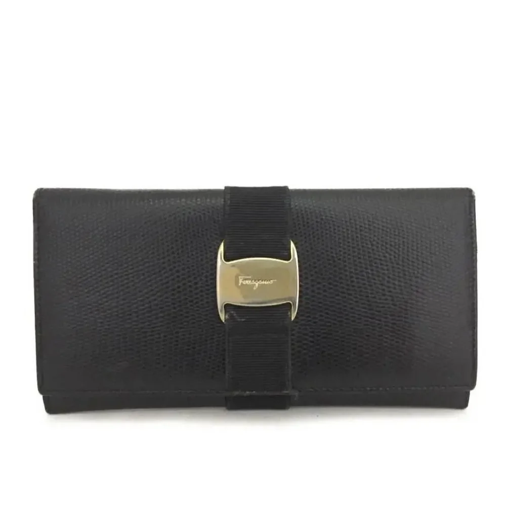 Salvatore Ferragamo Vara Black Leather Long Bifold Wallet/1A5349
